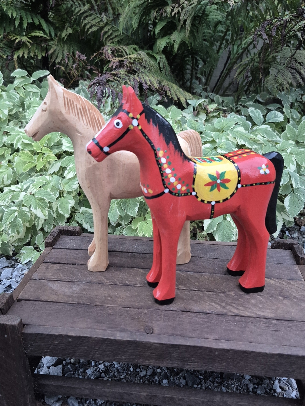 Vintage Polish Folk Art Large 9” Hand Carved Wooden Horse Pair Set